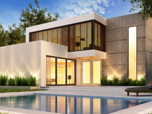 Evening view of a modern house with pool