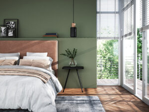 Modern interior of bedroom with green wall, 3d render